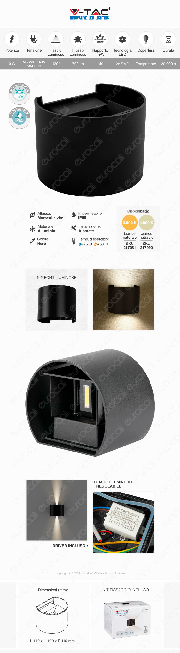 v-tac vt-756 applique led 5w wall light cob ip65 black