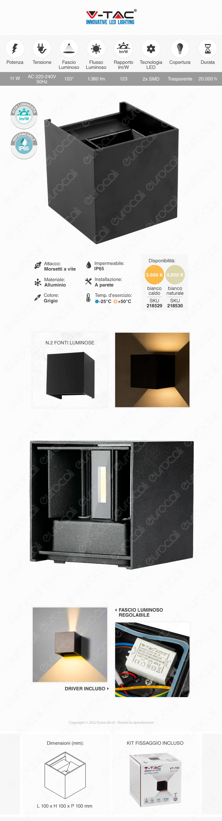 v-tac vt-759-12 applique led 11w wall light cob ip65 black