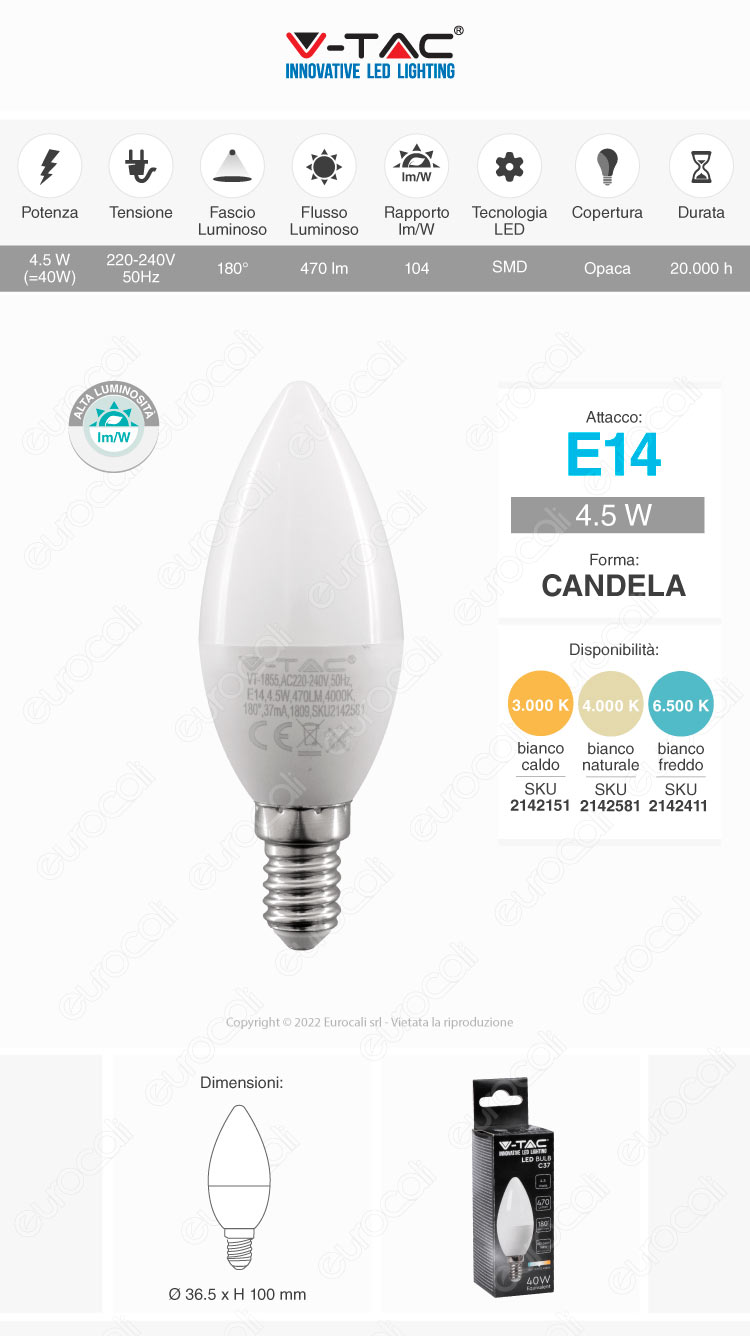 v-tac vt-1855 candela c37 e14 4,5w led smd