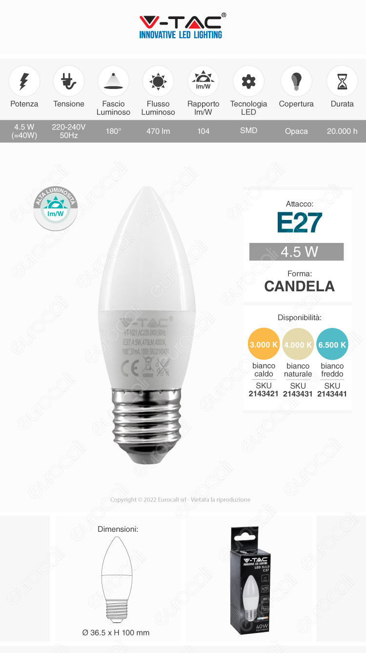 v-tac vt-1821 candela c37 e27 4,5w led smd