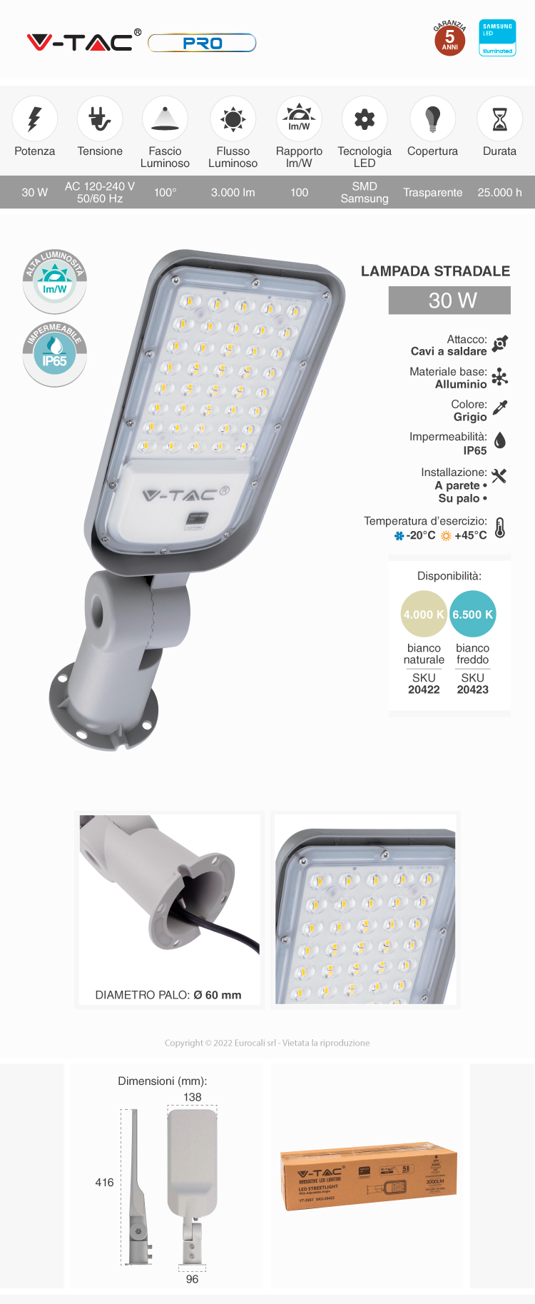 V-Tac Pro VT-39ST lampione stradale 30W LED Samsung SMD IP65