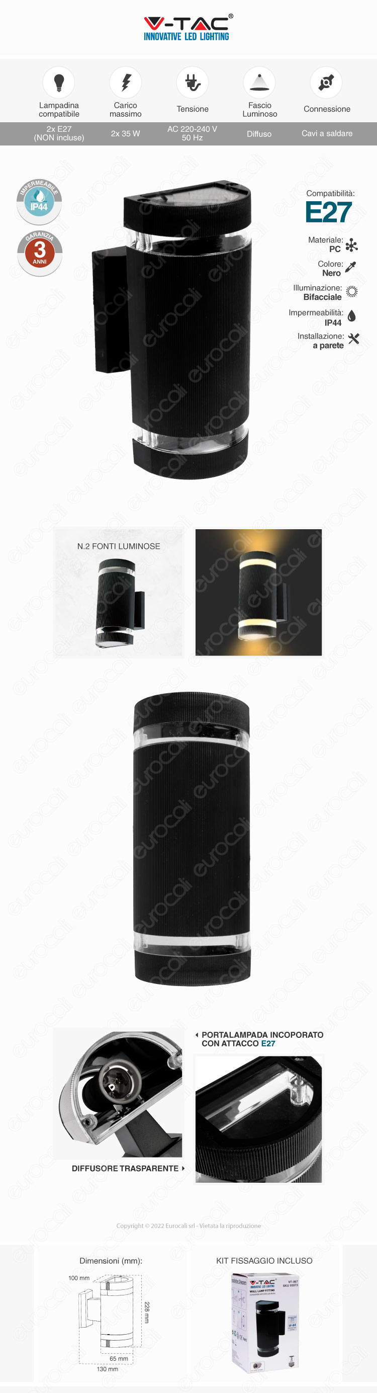 v-tac vt-967 applique 2x e27 g45 35w max wall lamp fitting ip44 black