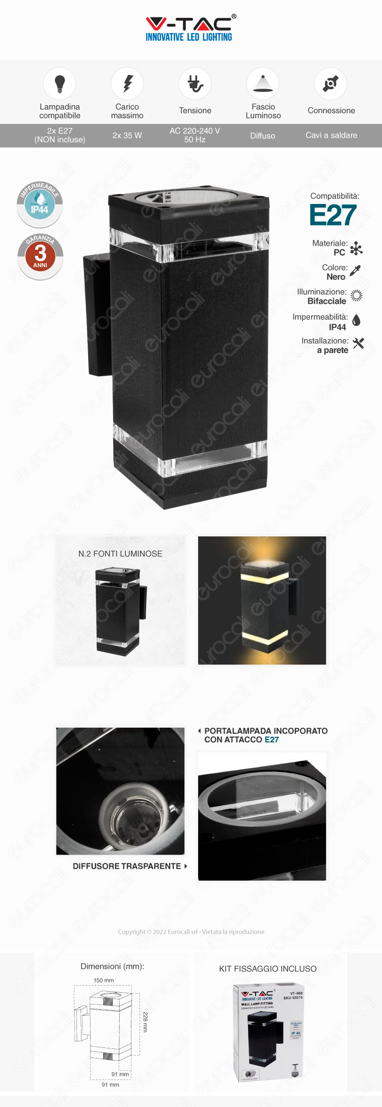 v-tac vt-968 applique 2x e27 g45 35w max wall lamp fitting ip44 black
