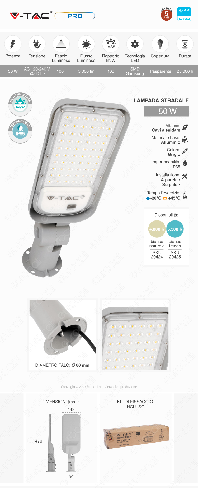 V-Tac Pro VT-59ST lampione stradale 50W LED Samsung SMD IP65