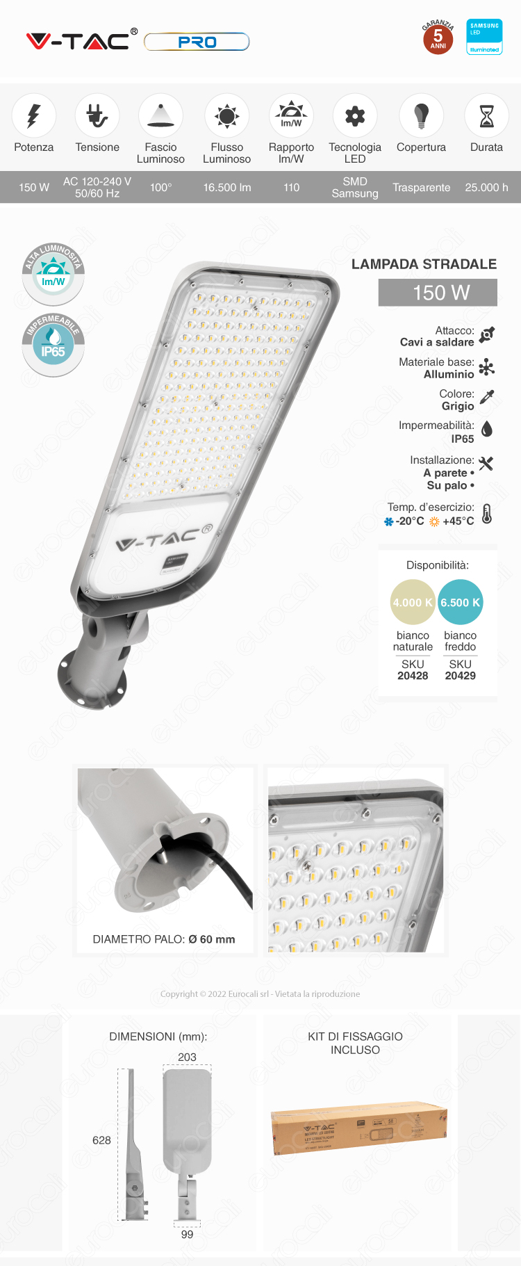 V-Tac Pro VT-169ST lampione stradale 150W LED Samsung SMD IP65