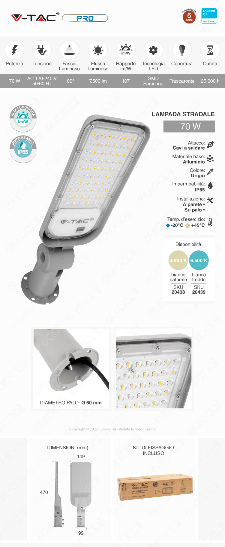 V-Tac Pro VT-79ST lampione stradale 70W LED Samsung SMD IP65