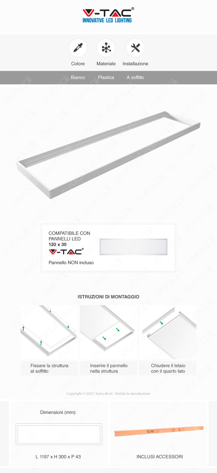 v-tac mounting frame cornice bianca fissaggio pannelli 120x30 soffitto
