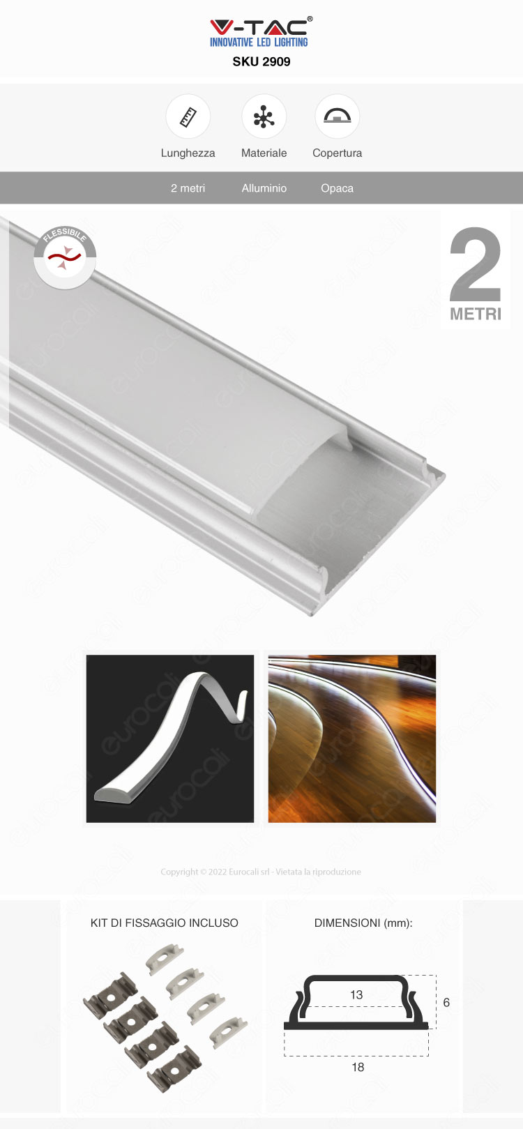 v-tac vt-8138 profilo flessibile strisce led alluminio bianco 2m