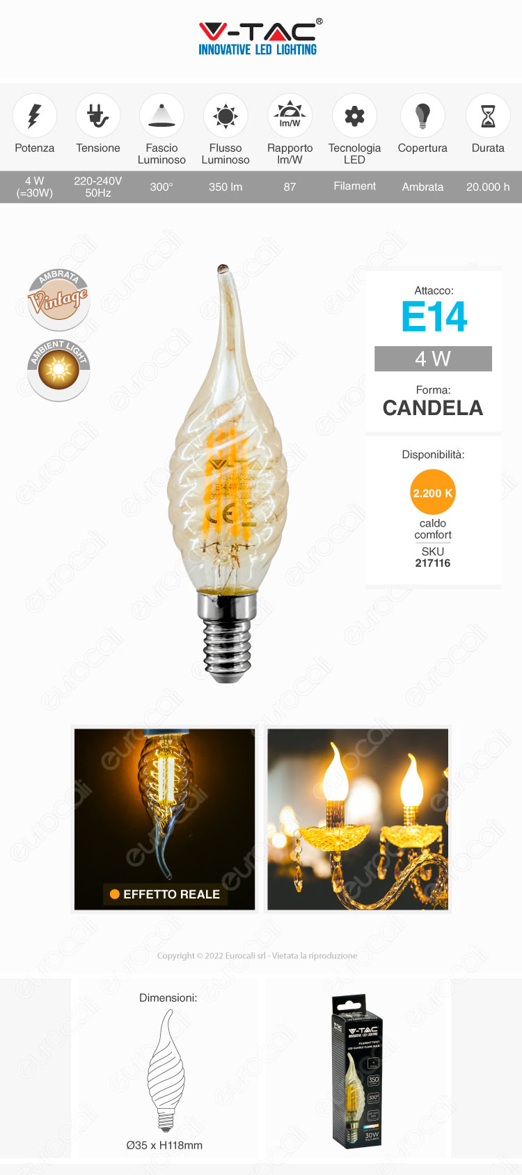 v-tac vt-1947 lampadina led e14 4w candle flame bulb c35 twist filament amber glass