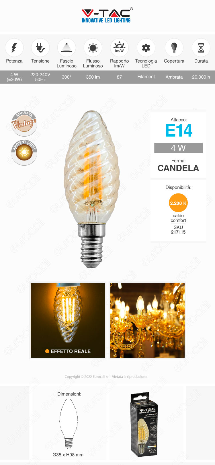 v-tac vt-1948 lampadina led e14 4w candle bulb c35 twist filament amber glass