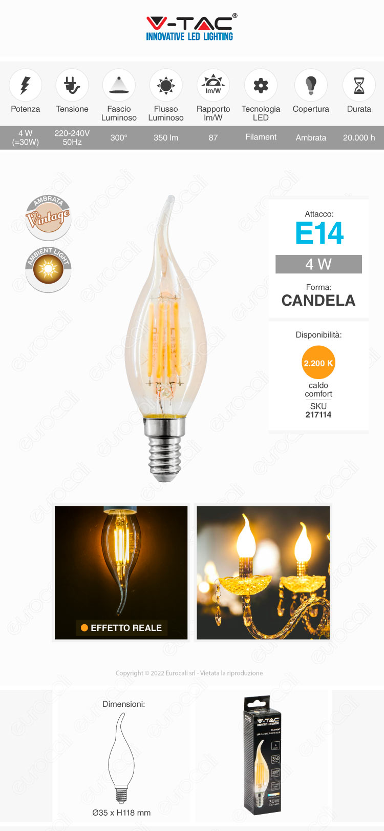 v-tac vt-1949 lampadina led e14 4w candle flame bulb c35 filament amber glass