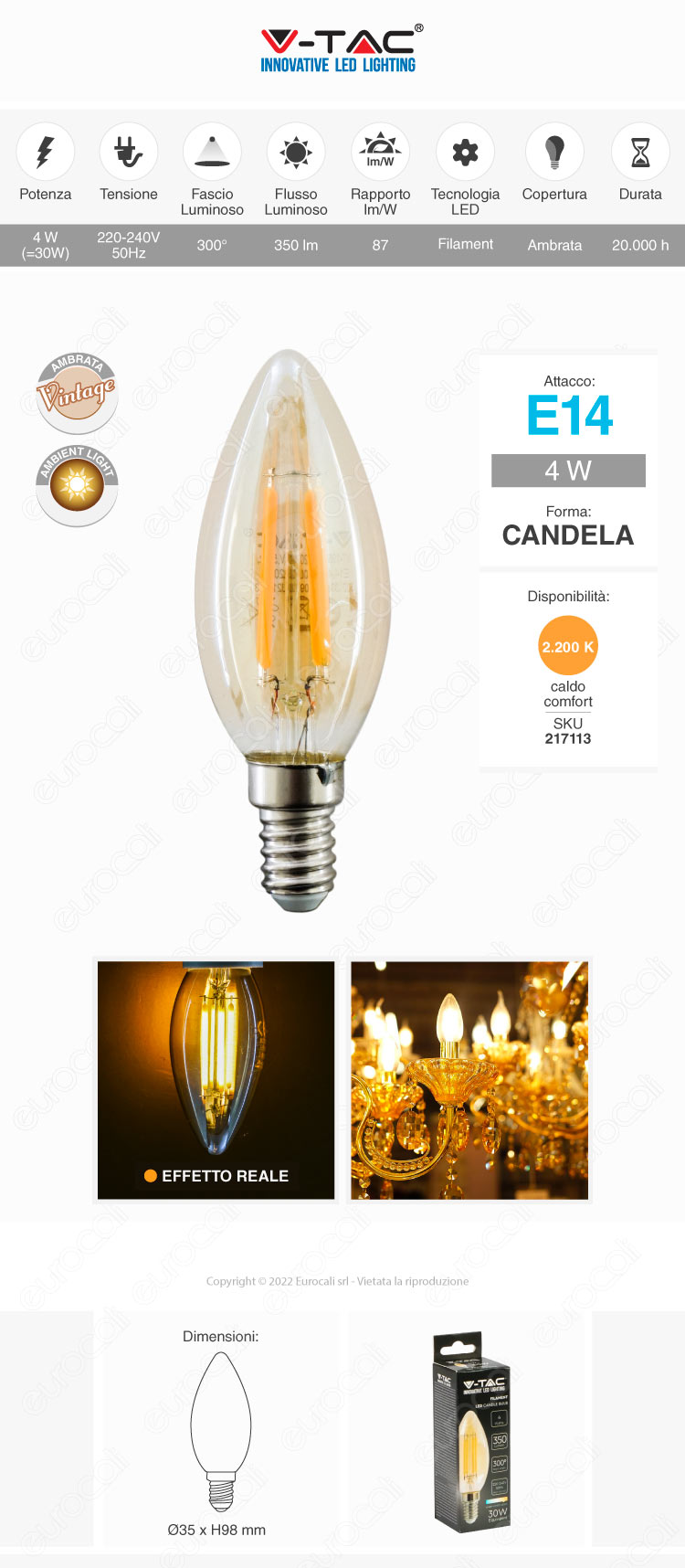 v-tac vt-1955 lampadina led e14 4w candle bulb c35 filament amber glass