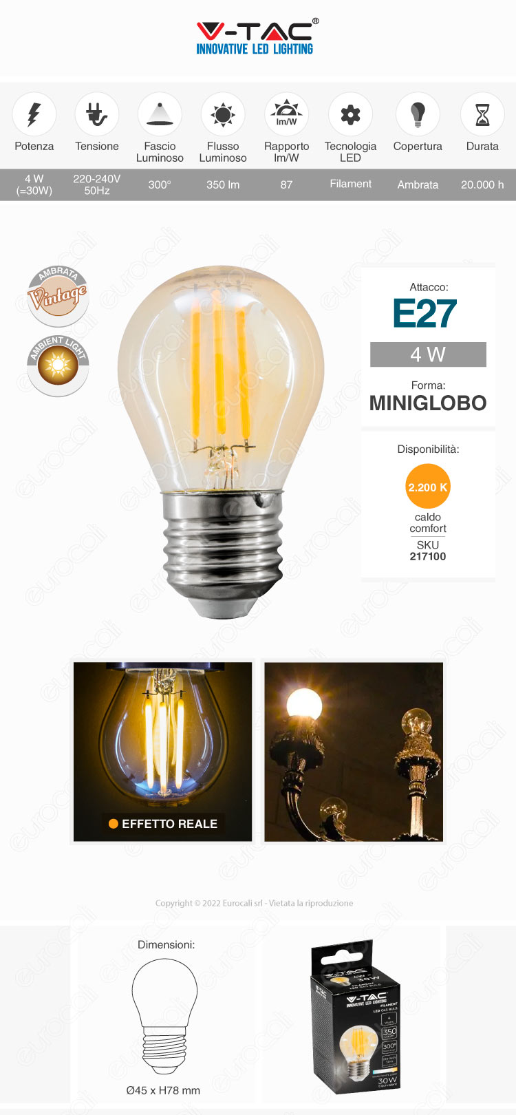 v-tac vt-1957 lampadina led e27 4w miniglobo g45 filament amber glass