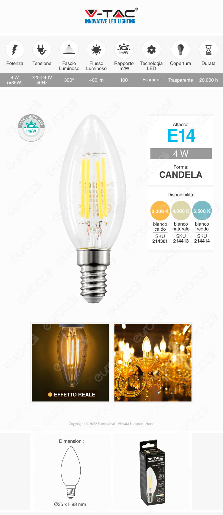 v-tac vt-1986 lampadina led e14 4w candle bulb c35 filament transparent glass