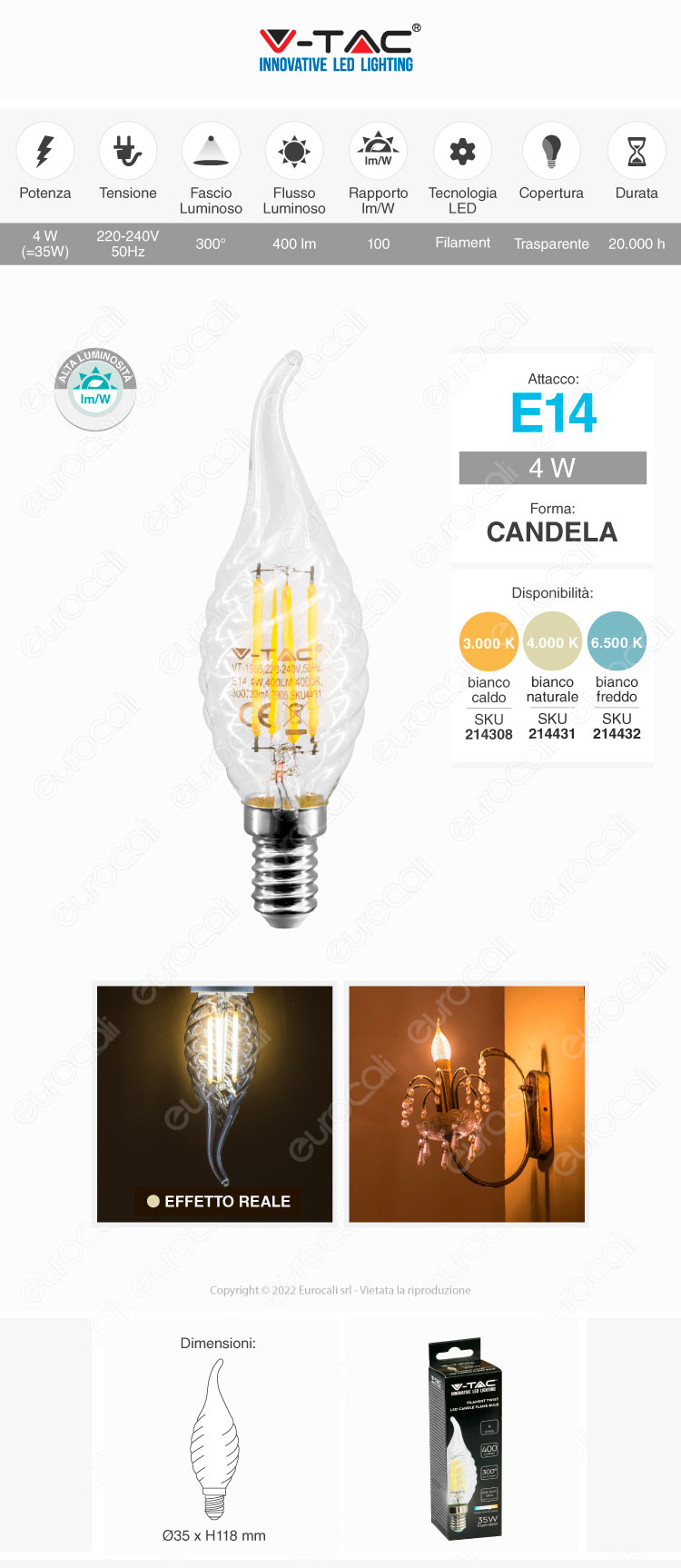 v-tac vt-1995 lampadina led e14 4w candle flame bulb c35 twist filament transparent glass