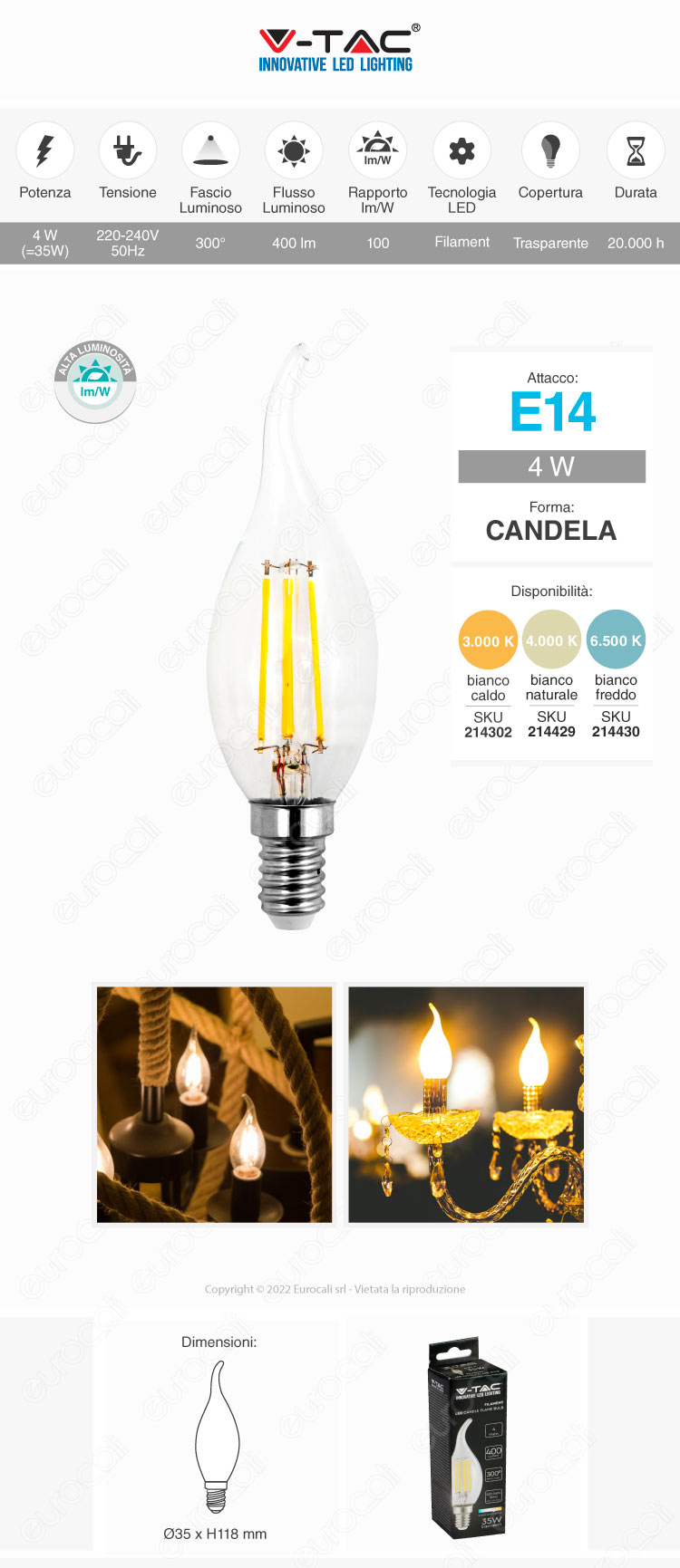 v-tac vt-1997 lampadina led e14 4w candle flame bulb c35 filament transparent glass