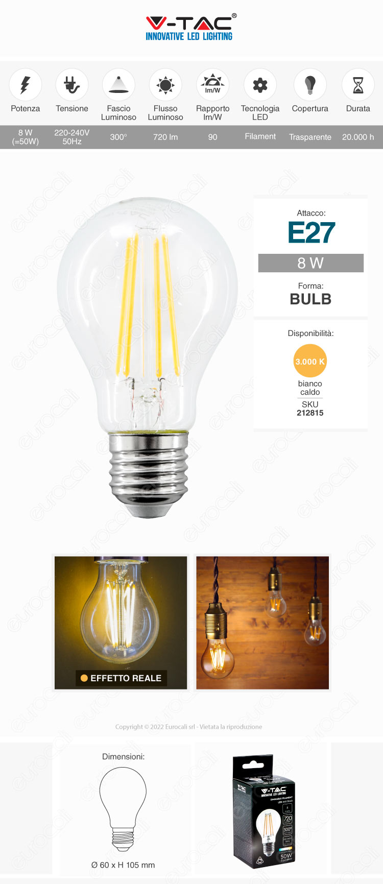 v-tac vt-2288d lampadina led e27 8w a60 bulb filament transparent glass dimmable
