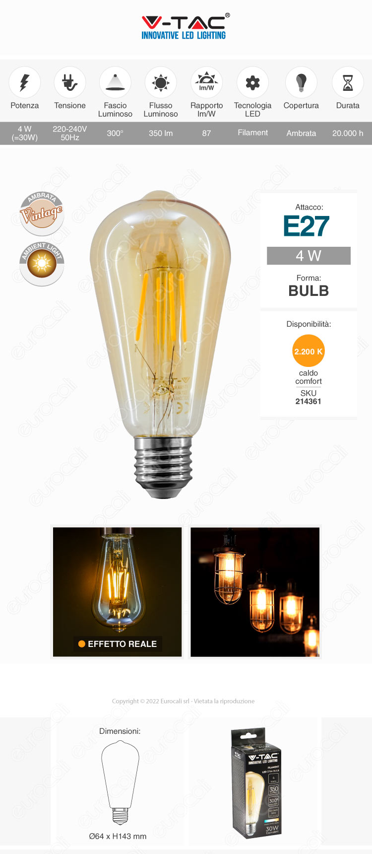 v-tac vt-1964 lampadina led e27 4w bulb st64 filament amber glass