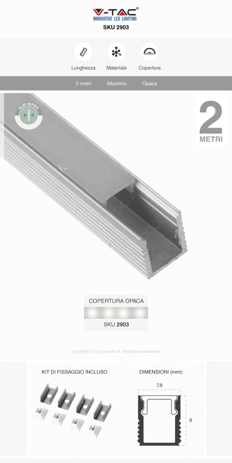 v-tac vt-8136 profilo strisce led slim alluminio 2m