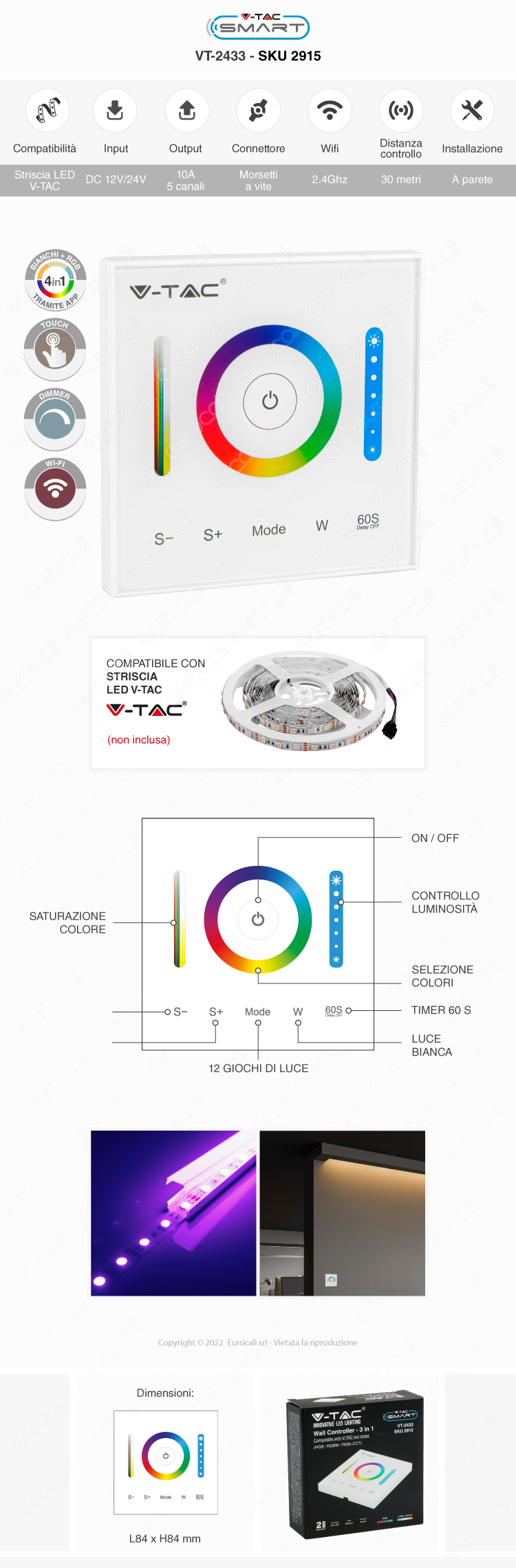v-tac smart vt-2433 wall controller touch dimmer per strisce led rgb+w