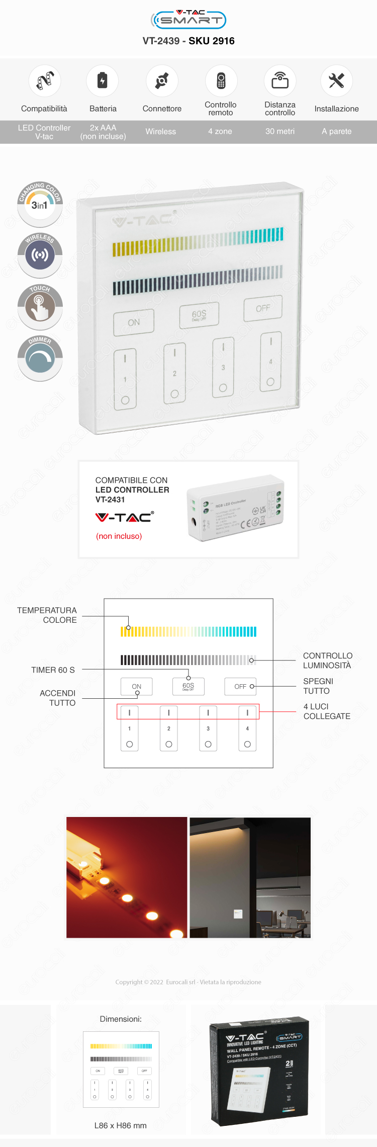 v-tac smart vt-2439 wall panel touch dimmer cct wireless per strisce led