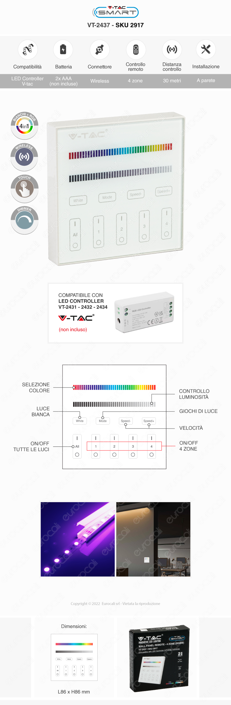 v-tac smart vt-2437 wall panel touch dimmer wireless per strisce led rgb+w