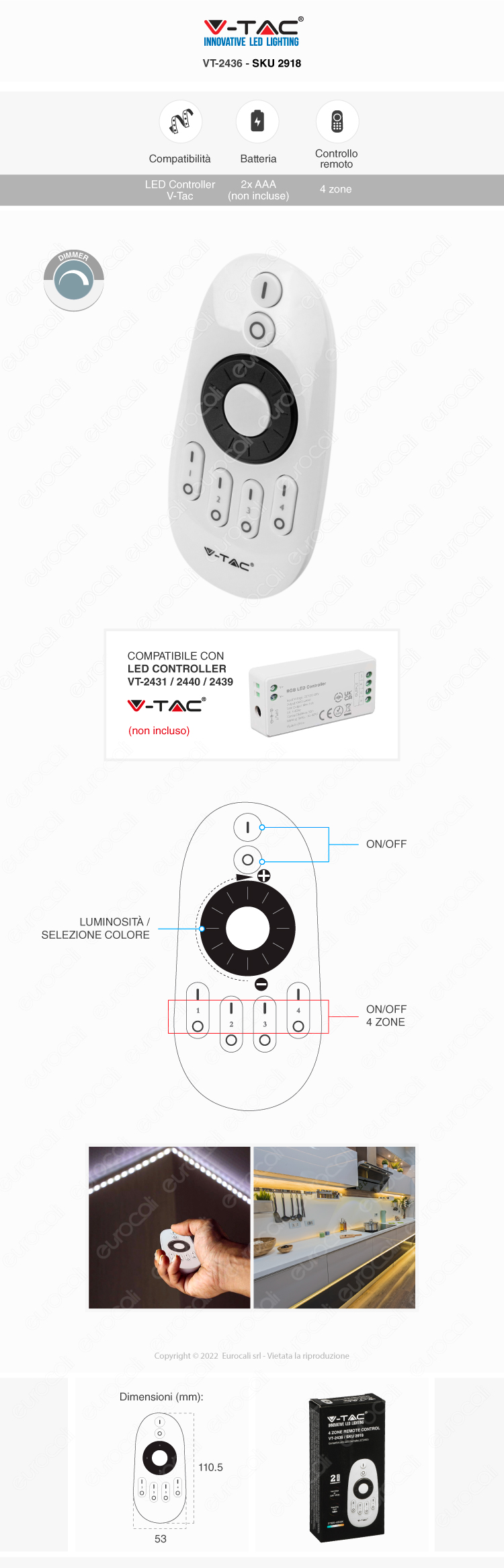 v-tac vt-2436 4-zone remote control wireless per controller strisce led
