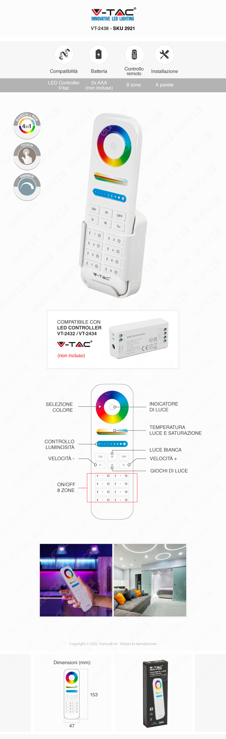 v-tac vt-2438 8-zone touch remote control wireless per controller strisce led rgb+w cct