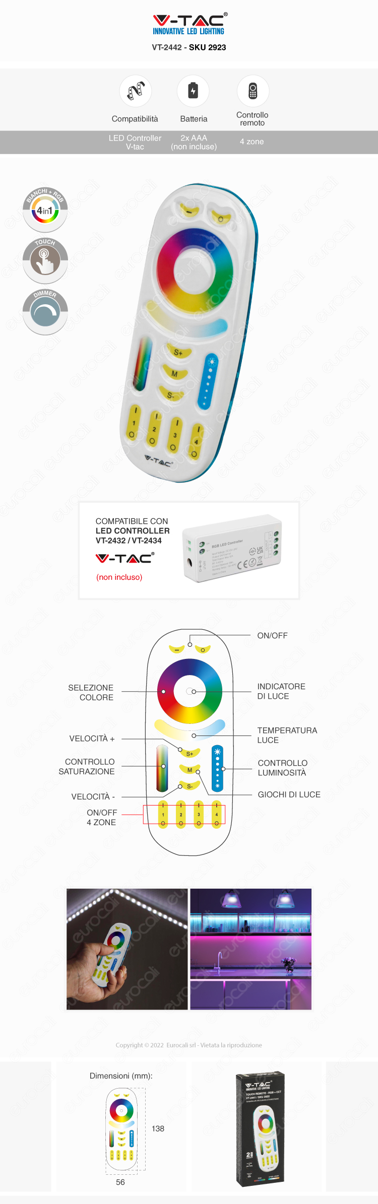 v-tac vt-2441 4-zone touch remote control wireless per controller strisce led rgb+w cct