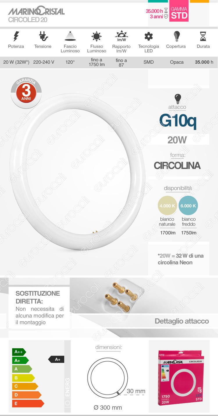 Acquista Marino Cristal Serie STD Circolina LED G10q 20W