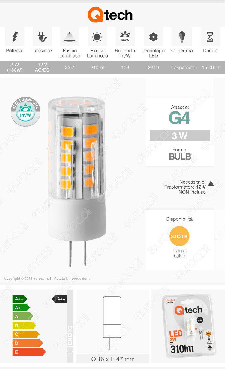 Lampadina LED Bispina G4 2.2W SMD 12V AC/DC Tubolare Imperia