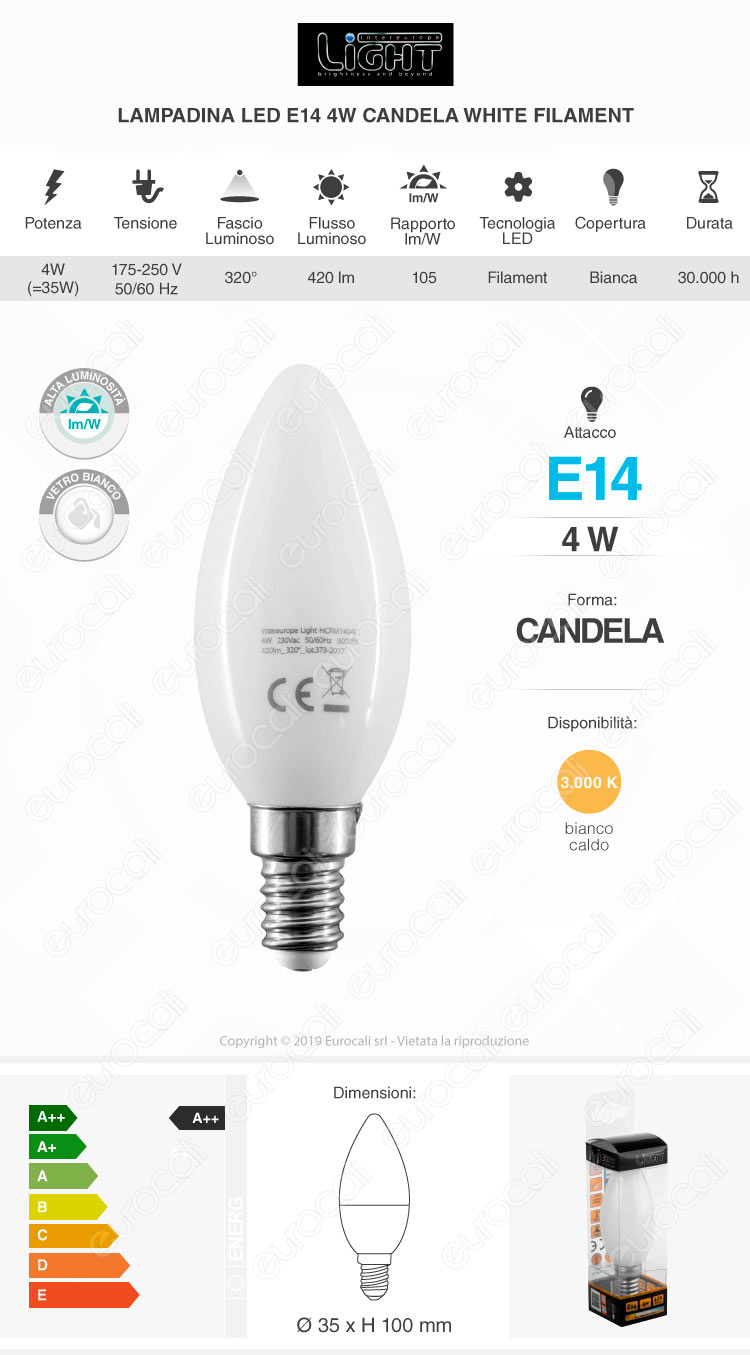Intereurope Light Lampadina LED E14 4W Candela Milky Filamento