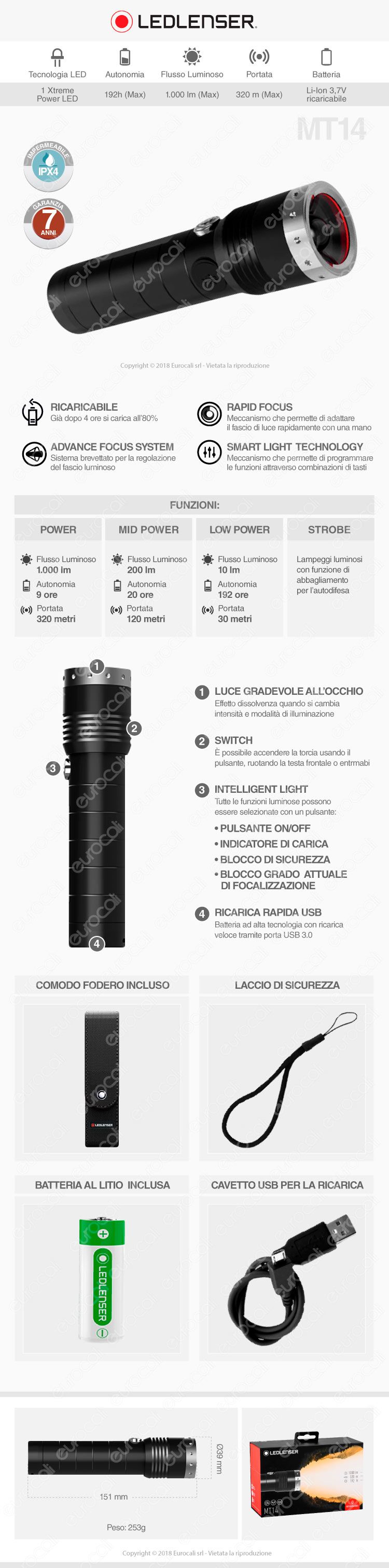 Torcia LED Professionale Ricaricabile in Alluminio Ledlenser MT14