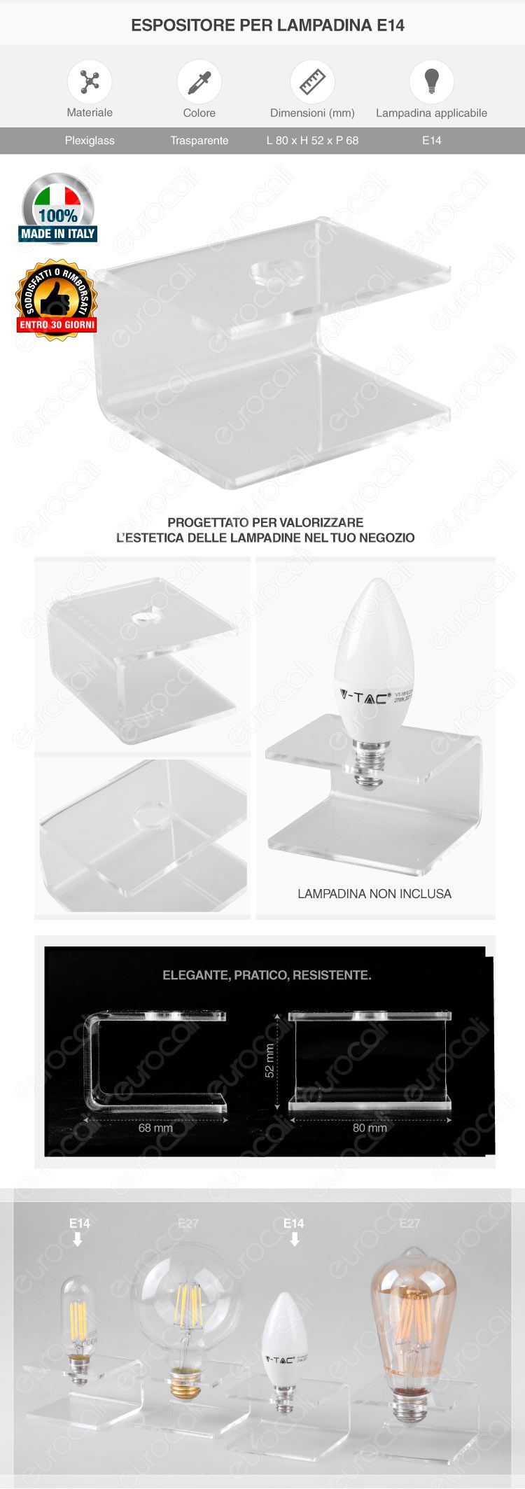Espositore in Plexiglass per 1 Lampadina con Attacco E14 - Made in Italy