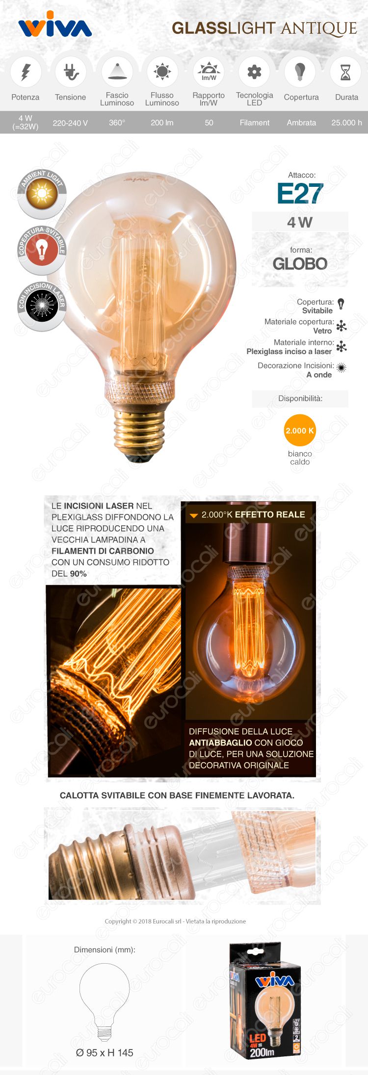 wiva GlassLight Lampadina LED E27 amber 4W