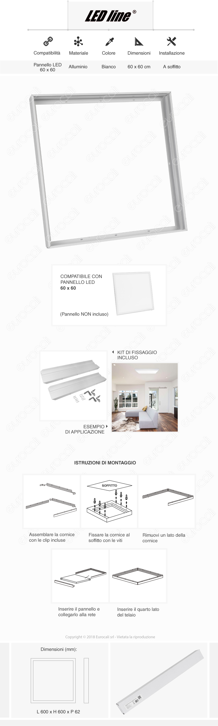 led line mounting frame cornice bianca fissaggio pannelli 60x60 soffitto