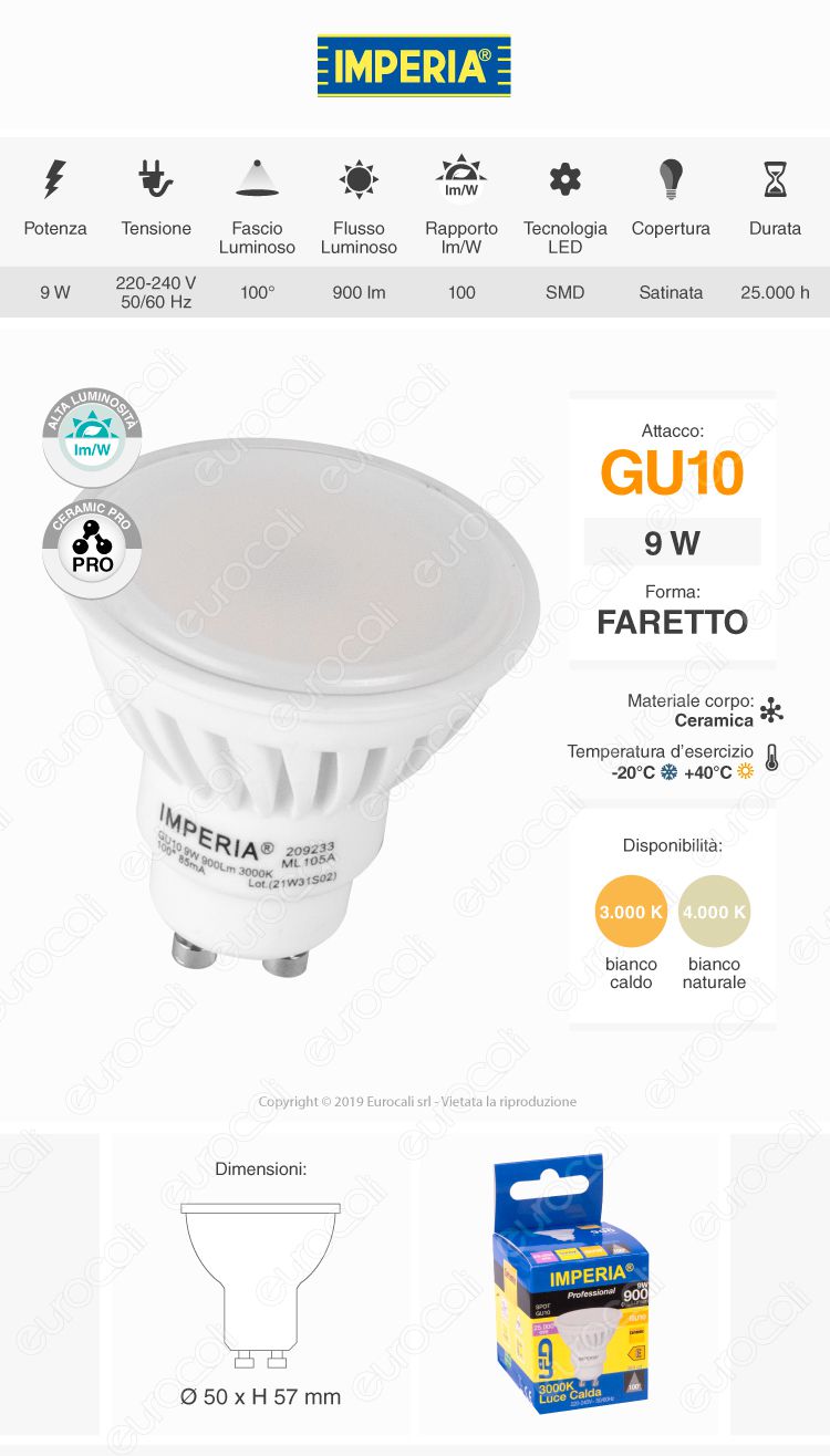imperia ceramic pro led smd gu10 9w faretto spotlight 100°