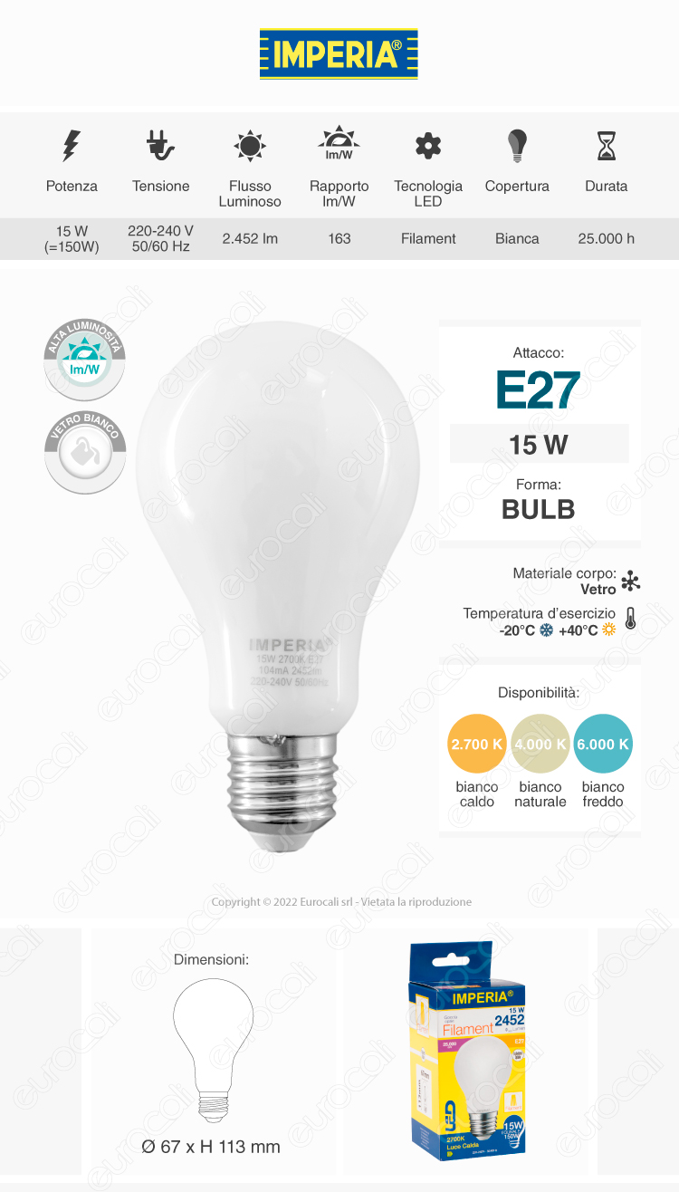 imperia lampadina led e27 bulb a67 goccia 15w filament vetro milky