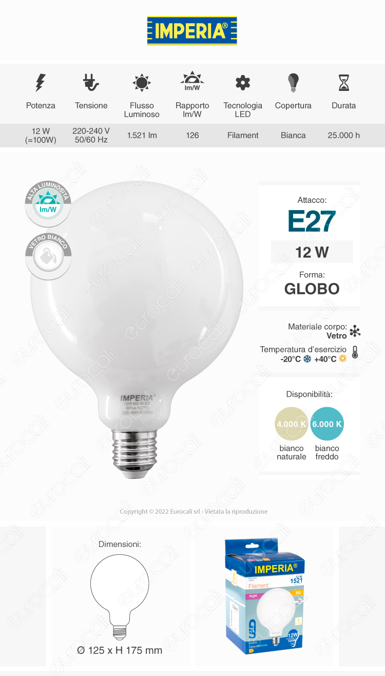 imperia lampadina led e27 globo g125 12w filament vetro milky