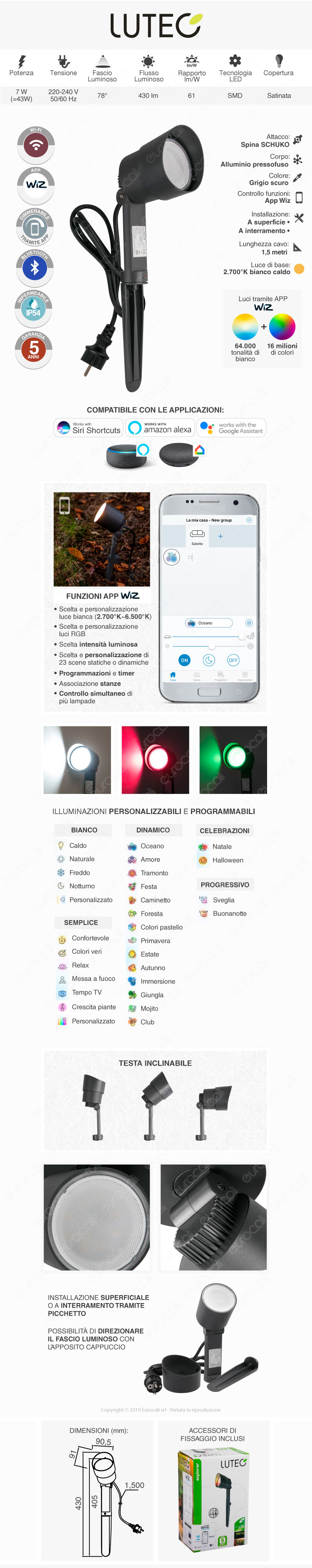 Lutec Explorer Lampada LED da Terra Inclinabile 7W RGB+W 3in1 WiFi IP54