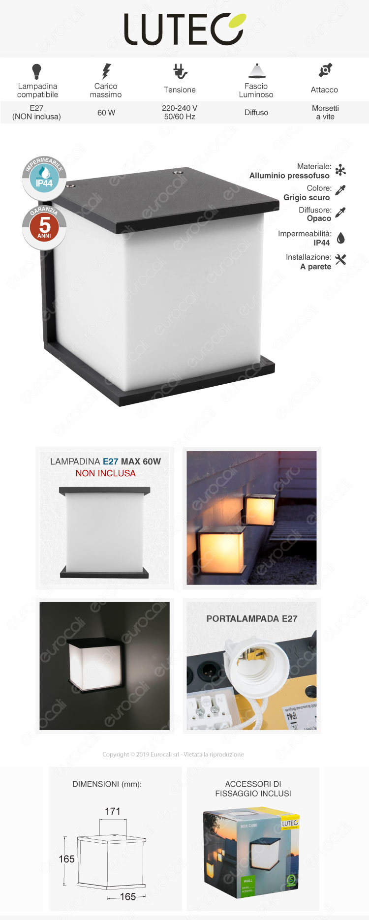 Lutec Box Cube Portalampada da Giardino Wall Light da Muro per Lampadine E27