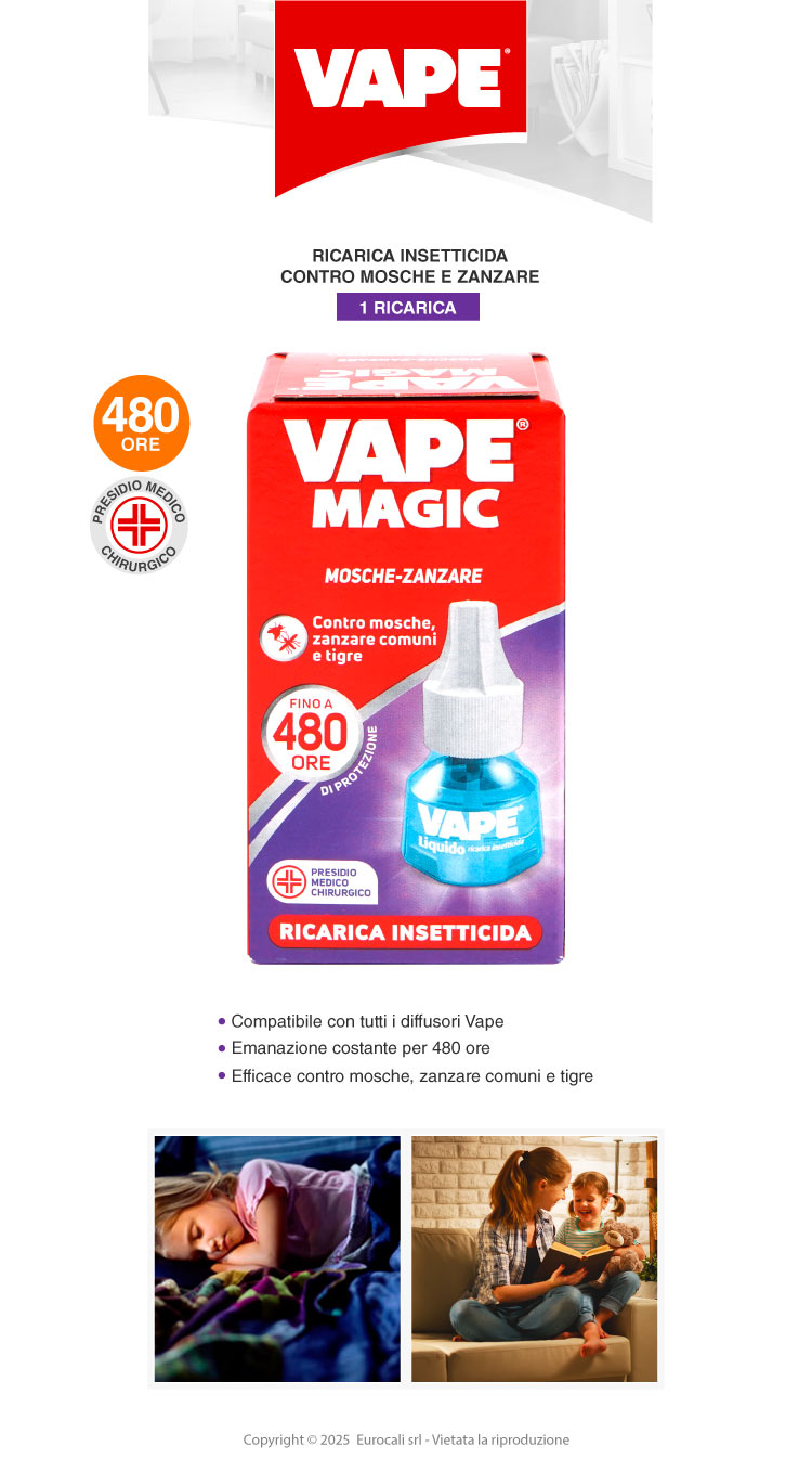 Vape Magic Ricarica Liquida per Diffusore Elettrico Insetticida contro Mosche e Zanzare 480h Presidio Medico Chirurgico