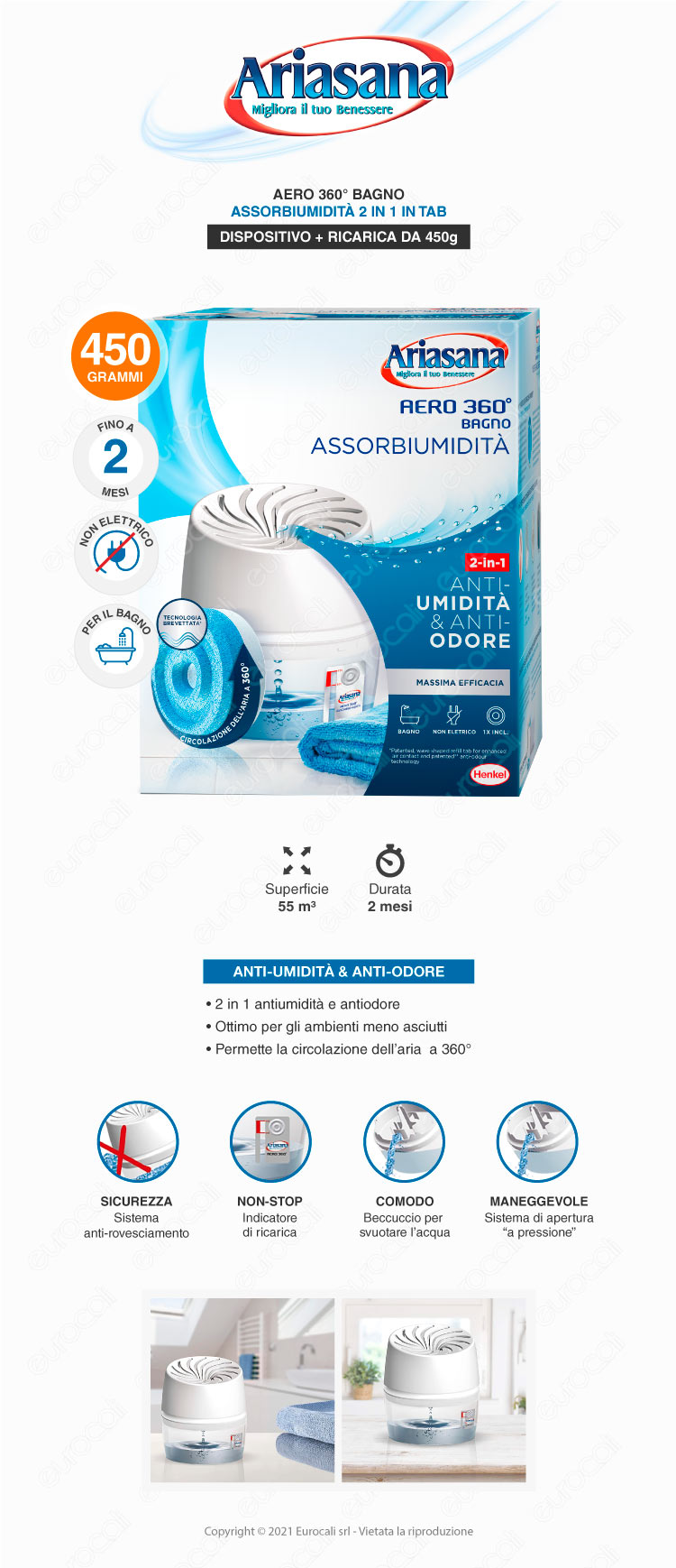 Ariasana Aero 360° Kit Assorbiumidità Con Ricarica Lavanda - Deumidificatore Non Elettrico