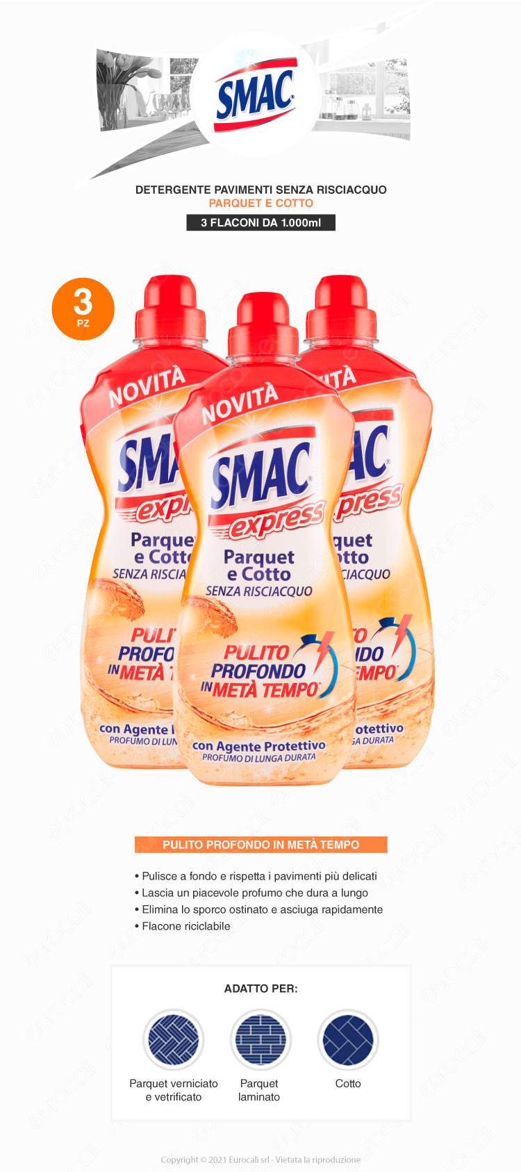 Smac Express Detergente Pavimenti Parquet Cotto Senza Risciacquo - 3x 1000ml