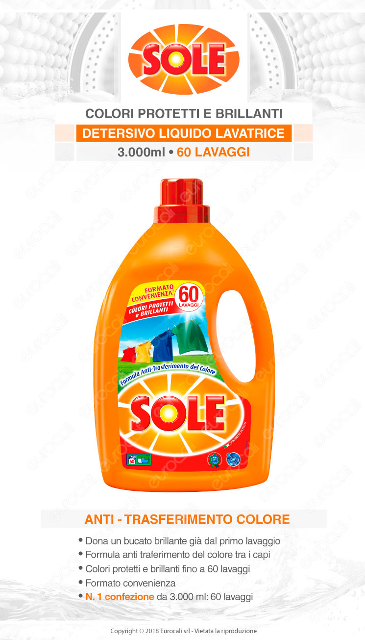 Detersivo Liquido per Lavatrice Sole Colori Protetti e Brillanti - Flacone da 3000ml