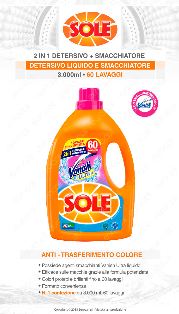 Sole Con Vanish Ultra 2in1Detersivo Liquido per Lavatrice - Flacone da 3000ml