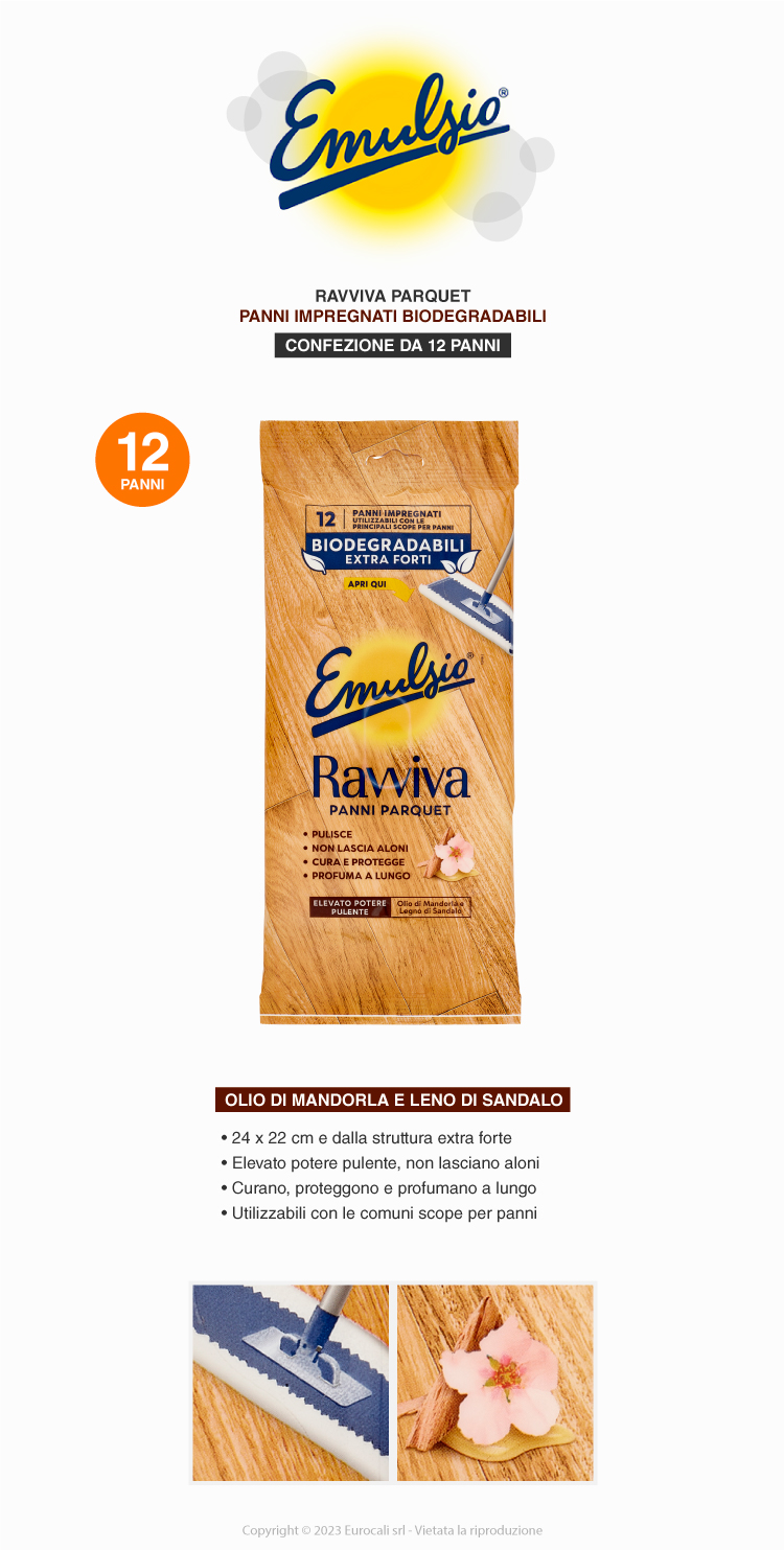 Emulsio Ravviva Panni Parquet profumo olio di mandorla e legno di sandalo per superfici e pavimenti in legno 12pz