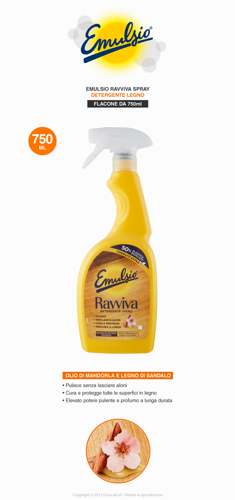 Emulsio Ravviva Detergente Legno spray olio di mandorla e legno di sandalo per ogni tipologia di superfici in legno 750ml