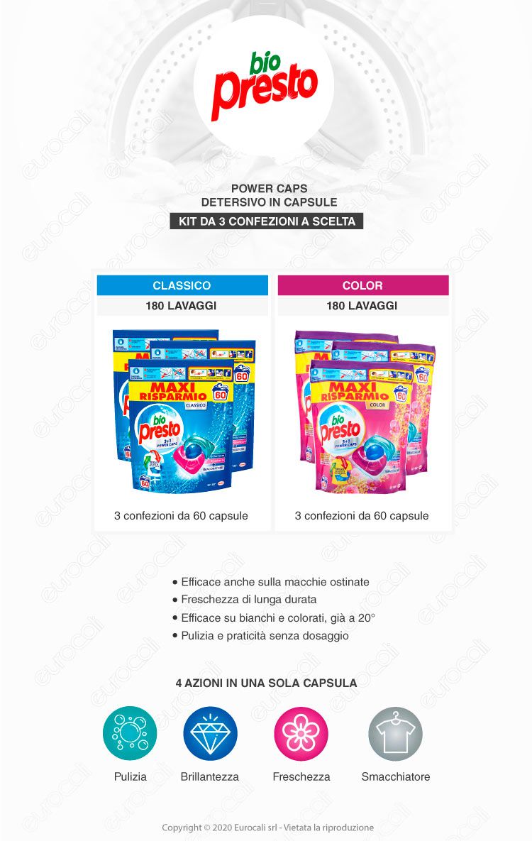 Bio Presto Power Caps 3in1 Detersivo in Capsule per Lavatrice - Kit composto da 3 Confezioni a Scelta