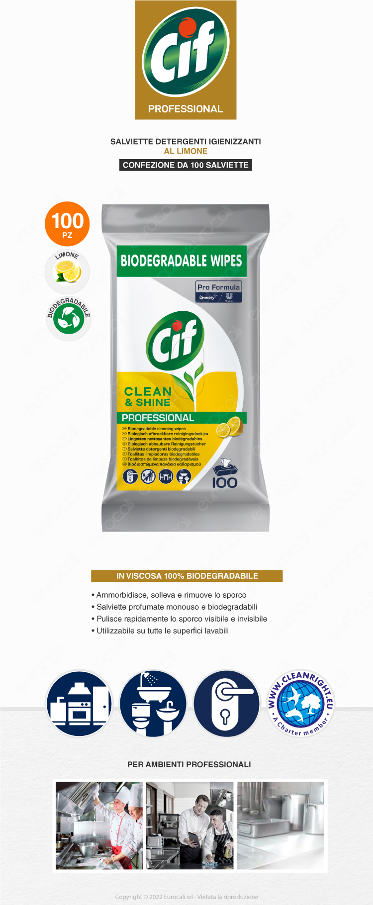 cif professional clean & shine bio limone 100 salviette detergenti multiuso
